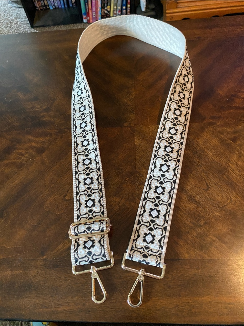 Woven Floral Patterned Black and White Strap with Silver Hardware